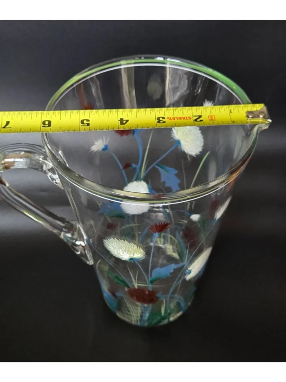 Vintage 1940s Glass Pitcher w/Hand Painted Clover, Floral Pitcher, Czech Glass,